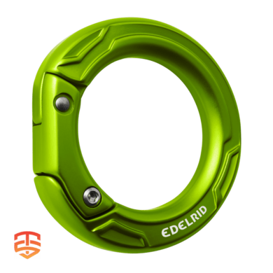 Openable ring in accordance with EN 362-M for permanently connecting load-bearing equipment elements in any direction.