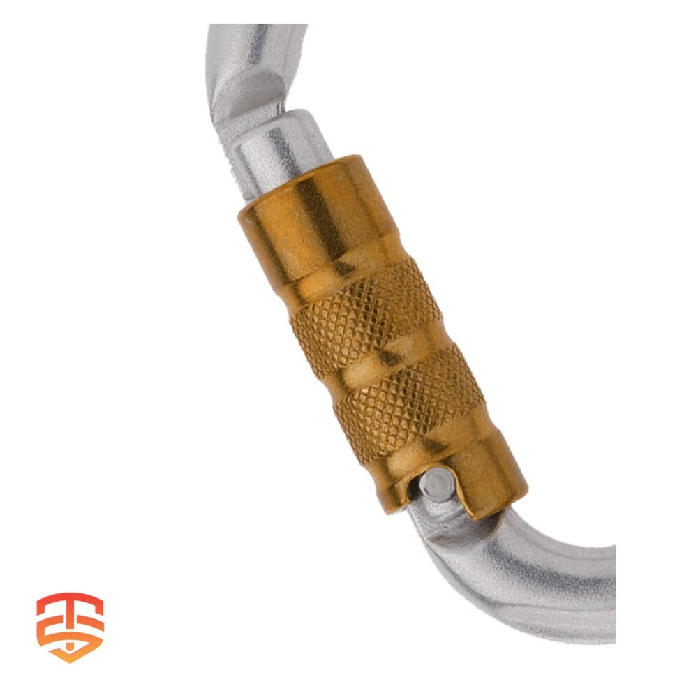 Robust, pear-shaped, steel carabiner with a keylock closure and brass sleeve for increased gate strength.