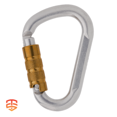 Robust, pear-shaped, steel carabiner with a keylock closure and brass sleeve for increased gate strength.