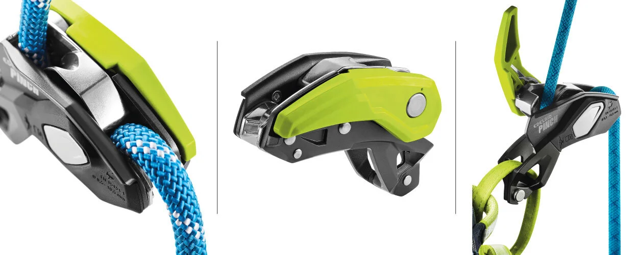 A review of the new Edelrid PINCH belay device. Learn about its direct harness attachment, anti-panic function, and second braking tier.