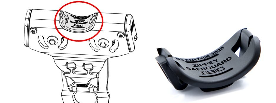 The Zippey Central Safeguard clips into the Zippey Trolley (without the need of tools), to prevent the user's fingers from being trapped within the gap between the sheaves.