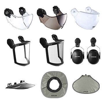 The wide range of accessories includes various visors (HELMET VISOR CLEAR: protects against water, dirt, and small, flying parts; HELMET VISOR SUN: a tinted visor for protecting the eyes against dirt and sunlight; HELMET VISOR FULL FACE: